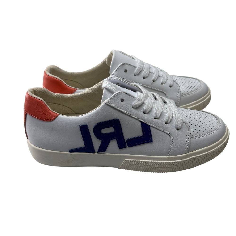 Lauren Ralph Lauren Jaede White Leather Logo Sneakers Blue Coral Womens 8 Sample